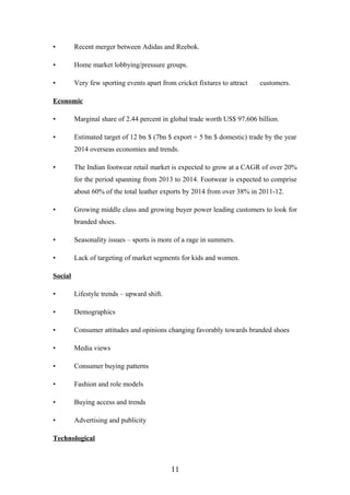 • Recent merger between Adidas and Reebok.
• Home market lobbying/pressure groups.
• Very few sporting events apart from cricket fixtures to attract customers.
Economic
• Marginal share of 2.44 percent in global trade worth US$ 97.606 billion.
• Estimated target of 12 bn $ (7bn $ export + 5 bn $ domestic) trade by the year
2014 overseas economies and trends.
• The Indian footwear retail market is expected to grow at a CAGR of over 20%
for the period spanning from 2013 to 2014. Footwear is expected to comprise
about 60% of the total leather exports by 2014 from over 38% in 2011-12.
• Growing middle class and growing buyer power leading customers to look for
branded shoes.
• Seasonality issues – sports is more of a rage in summers.
• Lack of targeting of market segments for kids and women.
Social
• Lifestyle trends – upward shift.
• Demographics
• Consumer attitudes and opinions changing favorably towards branded shoes
• Media views
• Consumer buying patterns
• Fashion and role models
• Buying access and trends
• Advertising and publicity
Technological
11
 