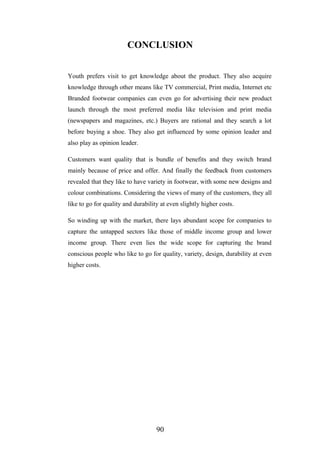 CONCLUSION
Youth prefers visit to get knowledge about the product. They also acquire
knowledge through other means like TV commercial, Print media, Internet etc
Branded footwear companies can even go for advertising their new product
launch through the most preferred media like television and print media
(newspapers and magazines, etc.) Buyers are rational and they search a lot
before buying a shoe. They also get influenced by some opinion leader and
also play as opinion leader.
Customers want quality that is bundle of benefits and they switch brand
mainly because of price and offer. And finally the feedback from customers
revealed that they like to have variety in footwear, with some new designs and
colour combinations. Considering the views of many of the customers, they all
like to go for quality and durability at even slightly higher costs.
So winding up with the market, there lays abundant scope for companies to
capture the untapped sectors like those of middle income group and lower
income group. There even lies the wide scope for capturing the brand
conscious people who like to go for quality, variety, design, durability at even
higher costs.
90
 