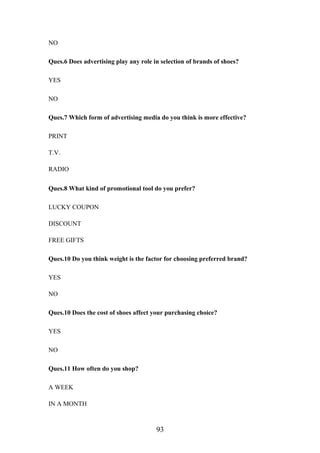 NO
Ques.6 Does advertising play any role in selection of brands of shoes?
YES
NO
Ques.7 Which form of advertising media do you think is more effective?
PRINT
T.V.
RADIO
Ques.8 What kind of promotional tool do you prefer?
LUCKY COUPON
DISCOUNT
FREE GIFTS
Ques.10 Do you think weight is the factor for choosing preferred brand?
YES
NO
Ques.10 Does the cost of shoes affect your purchasing choice?
YES
NO
Ques.11 How often do you shop?
A WEEK
IN A MONTH
93
 