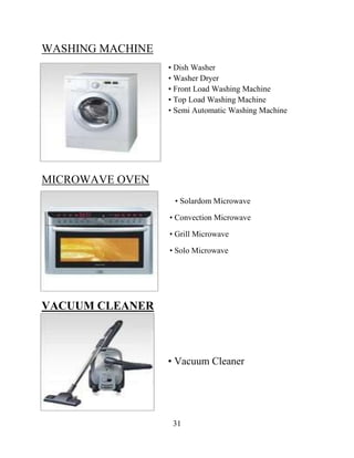 31
WASHING MACHINE
• Dish Washer
• Washer Dryer
• Front Load Washing Machine
• Top Load Washing Machine
• Semi Automatic Washing Machine
MICROWAVE OVEN
• Solardom Microwave
• Convection Microwave
• Grill Microwave
• Solo Microwave
VACUUM CLEANER
• Vacuum Cleaner
 