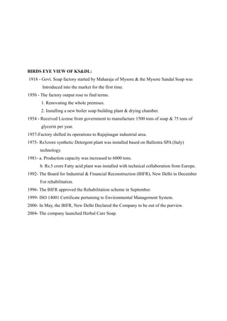 BIRDS EYE VIEW OF KS&DL:
1918 - Govt. Soap factory started by Maharaja of Mysore & the Mysore Sandal Soap was
        Introduced into the market for the first time.
1950 - The factory output rose to find terms.
       1. Renovating the whole premises.
       2. Installing a new boiler soap building plant & drying chamber.
1954 - Received License from government to manufacture 1500 tons of soap & 75 tons of
       glycerin per year.
1957-Factory shifted its operations to Rajajinagar industrial area.
1975- Rs3crore synthetic Detergent plant was installed based on Ballestra SPA (Italy)
       technology.
1981- a. Production capacity was increased to 6000 tons.
       b. Rs.5 crore Fatty acid plant was installed with technical collaboration from Europe.
1992- The Board for Industrial & Financial Reconstruction (BIFR), New Delhi in December
       For rehabilitation.
1996- The BIFR approved the Rehabilitation scheme in September.
1999- ISO 14001 Certificate pertaining to Environmental Management System.
2000- In May, the BIFR, New Delhi Declared the Company to be out of the purview.
2004- The company launched Herbal Care Soap.
 