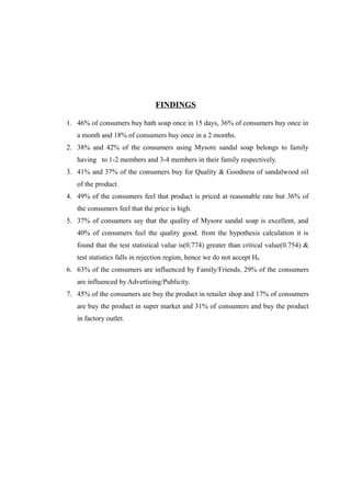 FINDINGS

1. 46% of consumers buy bath soap once in 15 days, 36% of consumers buy once in
   a month and 18% of consumers buy once in a 2 months.
2. 38% and 42% of the consumers using Mysore sandal soap belongs to family
   having to 1-2 members and 3-4 members in their family respectively.
3. 41% and 37% of the consumers buy for Quality & Goodness of sandalwood oil
   of the product.
4. 49% of the consumers feel that product is priced at reasonable rate but 36% of
   the consumers feel that the price is high.
5. 37% of consumers say that the quality of Mysore sandal soap is excellent, and
   40% of consumers feel the quality good. from the hypothesis calculation it is
   found that the test statistical value is(0.774) greater than critical value(0.754) &
   test statistics falls in rejection region, hence we do not accept H0
6. 63% of the consumers are influenced by Family/Friends, 29% of the consumers
   are influenced by Advertising/Publicity.
7. 45% of the consumers are buy the product in retailer shop and 17% of consumers
   are buy the product in super market and 31% of consumers and buy the product
   in factory outlet.
 