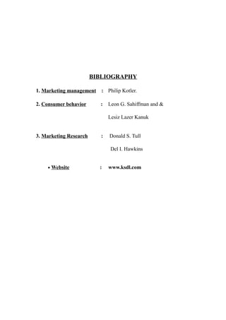 BIBLIOGRAPHY

1. Marketing management    : Philip Kotler.

2. Consumer behavior      :   Leon G. Sahiffman and &

                              Lesiz Lazer Kanuk


3. Marketing Research     :   Donald S. Tull

                               Del I. Hawkins


    • Website             :   www.ksdl.com
 