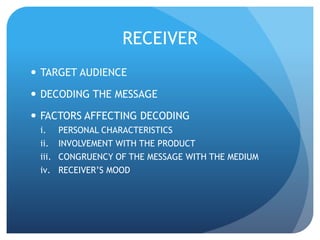 RECEIVER 
 TARGET AUDIENCE 
 DECODING THE MESSAGE 
 FACTORS AFFECTING DECODING 
i. PERSONAL CHARACTERISTICS 
ii. INVOLVEMENT WITH THE PRODUCT 
iii. CONGRUENCY OF THE MESSAGE WITH THE MEDIUM 
iv. RECEIVER’S MOOD 
 