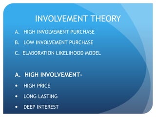 INVOLVEMENT THEORY 
A. HIGH INVOLVEMENT PURCHASE 
B. LOW INVOLVEMENT PURCHASE 
C. ELABORATION LIKELIHOOD MODEL 
A. HIGH INVOLVEMENT- 
 HIGH PRICE 
 LONG LASTING 
 DEEP INTEREST 
 