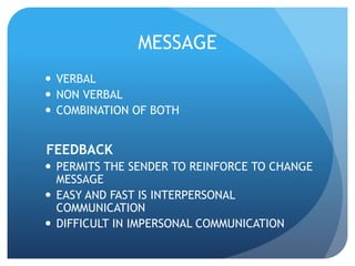 MESSAGE 
 VERBAL 
 NON VERBAL 
 COMBINATION OF BOTH 
FEEDBACK 
 PERMITS THE SENDER TO REINFORCE TO CHANGE 
MESSAGE 
 EASY AND FAST IS INTERPERSONAL 
COMMUNICATION 
 DIFFICULT IN IMPERSONAL COMMUNICATION 
 