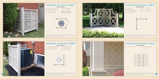 Garden Element G007                                                                                          Garden Element G009
                                Yardistry Material                                                                                            Yardistry Material
      6   - Two High L5 Lattice Panel       4 - 4” x 4” Post Cap                                                    2   - Arch Topper                    *2 - 4” x 4” x 96” Post
      3   - 80” Top & Bottom Rail           4 - 4” x 4” Post Base                                                   6   - One High X Topper               3 - 4” x 4” Post Cap
     *2   - 4” x 4” x 96” Post             Project G007 requires gate
                                                                                                                    2   - 80” Top & Bottom Rail           3 - 4” x 4” Post Base
      2   - Panel Clips (pkg 6)            hardware sold separately.                                                2   - Panel Clips (pkg 6)



                                                        3’ 10 1/2”                                                                                                   3’ 10 1/2”




                          3’ 10 1/2”

                                                                                                                                              3’ 3 1/2”
                                  3’ 3 1/2”




                                                            3’ 3 1/2”




     *Yardistry material lists assume all projects are surface-mounted with the Yardistry 4” x 4” Post Base       *Yardistry material lists assume all projects are surface-mounted with the Yardistry 4” x 4” Post Base
      to an appropriate base foundation. Alternate installation methods may require longer posts.                  to an appropriate base foundation. Alternate installation methods may require longer posts.
      Check local building codes prior to any project installation.                                                Check local building codes prior to any project installation.




 v                                                                                                            v
      Garden Element G008                                                                                          Garden Element G010
                              Yardistry Material                                                                                                          Yardistry Material
      4 - Two High L5 Lattice Panel       2 - Panel Clips (pkg 6)                                                   3 - Three High X Panel                            4 - 80” Top & Bottom Rail
      2 - 80” Top & Bottom Rail           3 - 4” x 4” Post Cap                                                                                                            (Optional)
     *2 - 4” x 4” x 96” Post              3 - 4” x 4” Post Base


                                                                                                                                                                    4’ 10 1/2”




                                                                        3’ 10 1/2”                                                      4’ 7 1/2”




                                                3’ 3 1/2”




     *Yardistry material lists assume all projects are surface-mounted with the Yardistry 4” x 4” Post Base       *Yardistry material lists assume all projects are surface-mounted with the Yardistry 4” x 4” Post Base
17    to an appropriate base foundation. Alternate installation methods may require longer posts.                  to an appropriate base foundation. Alternate installation methods may require longer posts.             18
      Check local building codes prior to any project installation.                                                Check local building codes prior to any project installation.
 