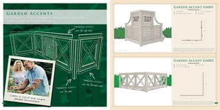 v
                                                                                                                                             Garden Accent GA001
                                                                                                                                                                     Yardistry Material
                                                                                                                                             2 - Arch Topper                     5 - 2” x 2” x 62” Post/Rail
     Garden Accents                                                                                                                          6 - One High L5 Lattice Topper      3 - Post Stake


     Use the Yardistry 2” x 2” x 62” Post/Rail component and the post stake to create beautiful
     smaller-scale projects at an even more affordable price.

                                                                                  Yardistry 2x2x62
                                                                                   cut for top rail                                                                                                            3’ 6 1/2”




                                                                                                                                                                                  3’ 6 1/2”




                                                                                                                                            Yardistry material lists assume all projects are secured with the Post Stake component to
                                                                                                                                            an appropriate surface. Permanent structures may require a building permit, and you should
                                                                                                                     Numbers not included   always check for underground utilities before digging or driving Post Stakes into the ground.




                                                                                                                 v
                                                                                                                                             Garden Accent GA002
                                                                                                                                                                     Yardistry Material
                                                                                                                                             6 - One High X Topper               3 - Post Stake
                                                                                                                                             6 - 2” x 2” x 62” Post/Rail




                                                                                            Yardistry 2x2x
                                                                                                           62
                                                                                           cut for bottom                                                                                                            5’ 2”

                                                                                                          rail
                                                             Yardistry 2x2x62
                                                                cut for post
        Create a sty
           g a r d e n eln vh a n d u n i q u e
                         is
                            ironment
                                                                                                                                                                                    5’ 2”


                                                                                                                                            Yardistry material lists assume all projects are secured with the Post Stake component to
19                                                                                                                                          an appropriate surface. Permanent structures may require a building permit, and you should      20
                                                                                                                                            always check for underground utilities before digging or driving Post Stakes into the ground.
 