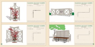 v                                                                                                   v
      Garden Accent GA003                                                                                                        Garden Accent GA005
                                      Yardistry Material                                                                                                 Yardistry Material
      2 - Arch Topper                             4 - 2” x 2” x 62” Post/Rail                                                    4 - One High X Topper               6 - 2” x 2” x 62” Post/Rail
      2 - Two High X Panel                        3 - Post Stake                                                                 1 - One High L5 Lattice Topper      4 - Post Stake




                                                    1’ 11”


                                                                                                                                                                                                                1’ 7 1/2”




                        1’ 7 1/2”
                                                                                                                                     1’ 7 1/2”




                                                                                                                                                                             5’ 2”




     Yardistry material lists assume all projects are secured with the Post Stake component to                                  Yardistry material lists assume all projects are secured with the Post Stake component to
     an appropriate surface. Permanent structures may require a building permit, and you should                                 an appropriate surface. Permanent structures may require a building permit, and you should
     always check for underground utilities before digging or driving Post Stakes into the ground.       Numbers not included   always check for underground utilities before digging or driving Post Stakes into the ground.




 v                                                                                                   v
      Garden Accent GA004                                                                                                        Garden Accent GA006
                                     Yardistry Material                                                                                                         Yardistry Material
      2 - Arch Topper                                    2 - Two High L5 Lattice Panel                                           2 - Arch Topper                                     6 - 2” x 2” x 62” Post/Rail
      2 - One High X Topper                              6 - 2” x 2” x 62” Post/Rail                                             8 - One High L5 Lattice Panel                       4 - Post Stake
      2 - Two High X Panel                               3 - Post Stake


                                                 3’ 6 1/2”

                                                                                                                                                                                                               1’ 7 1/2”




                          3’ 3”
                                                                                                                                      1’ 7 1/2”




                                                                                                                                                                            5’ 2”




     Yardistry material lists assume all projects are secured with the Post Stake component to                                  Yardistry material lists assume all projects are secured with the Post Stake component to
21   an appropriate surface. Permanent structures may require a building permit, and you should                                 an appropriate surface. Permanent structures may require a building permit, and you should      22
     always check for underground utilities before digging or driving Post Stakes into the ground.                              always check for underground utilities before digging or driving Post Stakes into the ground.
 