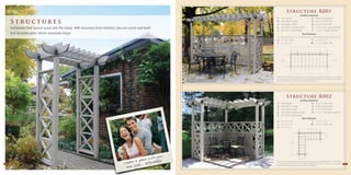 v
                                                                                                                                                                                                  Structure R001
                                                                                                                                                                                                           Yardistry Material
                                                                                                                                                                                 2   - Arch Topper                     5 - Panel Clips (pkg 6)
    Structures                                                                                                                                                                   8
                                                                                                                                                                                 4
                                                                                                                                                                                     - One High X Topper
                                                                                                                                                                                     - Two High X Panel
                                                                                                                                                                                                                      *6 - 4” x 4” x 96” Post
                                                                                                                                                                                                                       6 - 4” x 4” Post Base
    Sometimes that special space sets the mood. With structures from Yardistry, you can create and build                                                                         6   - Two High L5 Lattice Panel       6 - 4” x 4” Post Top Connector
                                                                                                                                                                                 5   - 80” Top & Bottom Rail           1 - 4’ x 12’ Pergola Roof Kit
    that beautiful place where memories begin.                                                                                                                                                                         Roof Material
                                                                                                                                                                                  To substitute the 4’ x 12’ Pergola Roof Kit, dimensional lumber may be used
                                                                                                                                                                                 6 - 2” x 4” x 10’                                     2 - 2” x 6” x 12’
                                                                                                                                                                                 1 - 2” x 6” x 8’                                     10 - 2” x 6” Beam End
                                                                                                                                                                                                         1’ 8”                6’ 6 1/2”                1’ 8”




                                                                                                                                                                                      3’ 3 1/2”                                                                        3’ 10 1/2”




                                                                                                                                                                                                                              11’ 1/2”

                                                                                                                                                                               *Yardistry material lists assume all projects are surface-mounted with the Yardistry 4” x 4” Post Base
                                                                                                                                                                                to an appropriate base foundation. Alternate installation methods may require longer posts.
                                                                                                                                     As shown with 4’ x 12’ Pergola Roof Kit    Check local building codes prior to any project installation.




                                                                                                                                 v
                                                                                                                                                                                                  Structure R002
                                                                                                                                                                                                         Yardistry Material
                                                                                                                                                                                 2 - Arch Topper                    *5 - 4” x 4” x 96” Post
                                                                                                                                                                                 8 - One High X Topper               4 - Panel Clips (pkg 6)
                                                                                                                                                                                 4 - Two High X Panel                5 - 4” x 4” Post Base
                                                                                                                                                                                 6 - Two High L5 Lattice Panel       5 - 4” x 4” Post Top Connector
                                                                                                                                                                                 5 - 80” Top & Bottom Rail
                                                                                                                                                                                                           Roof Material
                                                                                                                                                                                 3 - 2” x 4” x 10’                   1 - 2” x 6” x 10’
                                                                                                                                                                                 1 - 2” x 4” x 12’                  10 - 2” x 6” Beam End
                                                                                                                                                                                 3 - 2” x 6” x 8’
                                                                                                                                                                                                                               6’ 6 1/2”



                                                                                                                                                                                                                                                               1’ 8”



                                                                                                                                                                                                   7’ 1 1/2”




                                                                                                                        h your
                                                                                                     s pace witdably                                                                                                 2’ 3”


                                                                                     C r e a t e ay l e . . . a f f o r                                                        *Yardistry material lists assume all projects are surface-mounted with the Yardistry 4” x 4” Post Base


                                                                                        own st
9                                                                                                                                                                               to an appropriate base foundation. Alternate installation methods may require longer posts.             10
                                                                                                                                                                                Check local building codes prior to any project installation.
 