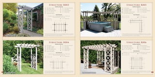 v
                                                       Structure R003                                                                                                                                          Structure R005
                                                                   Yardistry Material                                                                                                                                     Yardistry Material
                                         2   - One High X Topper               4 - 4” x 4” Post Top Connector                                                                                    2  - Arch Topper                    *9 - 4” x 4” x 96” Post
                                         2   - Three High X Panel              4 - 4” x 4” Post Base                                                                                            12  - One High X Topper               8 - Panel Clips (pkg 6)
                                         1   - 80” Top & Bottom Rail           1 - 4’ x 8’ Arbor Roof Kit                                                                                        2  - Two High X Panel                9 - 4” x 4” Post Top Connector
                                        *4   - 4” x 4” x 96” Post              8 - 2” x 4” Beam End                                                                                             12  - Two High L5 Lattice Panel       9 - 4” x 4” Post Base
                                         2   - Panel Clips (pkg 6)                                                                                                                               7  - 80” Top & Bottom Rail
                                                                     Roof Material                                                                                                                                          Roof Material
                                                   To substitute the 4’ x 8’ Arbor Roof Kit and 2” x 4” Beam Ends,                                                                                4 - 2” x 4” x 12’                   1 - 2” x 6” x 14’
                                                                  dimensional lumber may be used                                                                                                  3 - 2” x 6” x 12’                  14 - 2” x 6” Beam End
                                          2 - 2” x 6” x 8’                                       8 - 2” x 6” Beam End                                                                                                             1’ 8”         6’ 6 1/2”         1’ 8”

                                          2 - 2” x 4” x 10’
                                                                                             3’ 10 1/2”
                                                                                                                                                                                                                    1’ 8”




                                                                                                                                                                                                                                                                           11’ 1/2”


                                                             1’ 8”




                                                                                                                                                                                                                                                                  2’ 3”
                                        *Yardistry material lists assume all projects are surface-mounted with the Yardistry 4” x 4” Post Base                                                  *Yardistry material lists assume all projects are surface-mounted with the Yardistry 4” x 4” Post Base
                                         to an appropriate base foundation. Alternate installation methods may require longer posts.                                                             to an appropriate base foundation. Alternate installation methods may require longer posts.
     As shown with Roof Material list    Check local building codes prior to any project installation.                                                                                           Check local building codes prior to any project installation.




 v                                                                                                                                               v
                                                       Structure R004                                                                                                                                          Structure R006
                                                                   Yardistry Material                                                                                                                                      Yardistry Material
                                         2   - Arch Topper                     4 - 4” x 4” Post Top Connector                                                                                     8   - One High X Topper              8 - Panel Clips (pkg 6)
                                         4   - One High X Topper               2 - 4” x 4” Post Cap                                                                                               8   - Three High X Panel            12 - 4” x 4” Post Top Connector
                                         6   - Two High X Panel                6 - 4” x 4” Post Base                                                                                              4   - 80” Top & Bottom Rail         12 - 4” x 4” Post Base
                                         3   - 80” Top & Bottom Rail           1 - 4’ x 8’ Arbor Roof Kit                                                                                       *12   - 4” x 4” x 96” Post             1 - 12’ x 12’ Pergola Roof Kit
                                        *6   - 4” x 4” x 96” Post              8 - 2” x 4” Beam End
                                         4   - Panel Clips (pkg 6)                                                                                                                                                                           Roof Material
                                                                     Roof Material                                                                                                                To substitute 12’ x 12’ the Pergola Roof Kit, dimensional lumber may be used
                                                   To substitute the 4’ x 8’ Arbor Roof Kit and 2” x 4” Beam Ends,                                                                              11 - 2” x 4” x 12’                                          16 - 2” x 6” Beam End
                                                                  dimensional lumber may be used                                                                                                 6 - 2” x 6” x 12’
                                          2 - 2” x 6” x 10’                                      8 - 2” x 6” Beam End                                                                                                                1’ 8”        6’ 6 1/2”        1’ 8”

                                          2 - 2” x 4” x 10’
                                                                                    9’ 5”
                                                                                                                                                                                                                                                                             1’ 8”
                                                                1’ 8”               4’ 11”                1’ 8”




                                                                                                                                                                                                                       11’ 1/2”                                            6’ 6 1/2”

                                                          3’ 3 1/2”                                                 3’ 10 1/2”



                                                                                                                                                                                                                                                                             1’ 8”



                                                                                                                                                                                                                                                   11’ 1/2”
                                        *Yardistry material lists assume all projects are surface-mounted with the Yardistry 4” x 4” Post Base                                                  *Yardistry material lists assume all projects are surface-mounted with the Yardistry 4” x 4” Post Base
11                                       to an appropriate base foundation. Alternate installation methods may require longer posts.                                                             to an appropriate base foundation. Alternate installation methods may require longer posts.             12
     As shown with Roof Material list    Check local building codes prior to any project installation.                                               As shown with 12’ x 12’ Pergola Roof Kit    Check local building codes prior to any project installation.
 