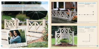 v
                                                                                                    Garden Element G001
                                                                                                                             Yardistry Material
                                                                                                     6 - One High X Topper              *2 - 4” x 4” x 96” Post
     Garden Elements                                                                                 3 - 80” Top & Bottom Rail
                                                                                                     3 - Panel Clips (pkg 6)
                                                                                                                                         5 - 4” x 4” Post Cap
                                                                                                                                         5 - 4” x 4” Post Base
     With Yardistry’s flexible panel system, open areas become special and create boundaries
     with a style that is all your own.


                                                                                                                                                                                             1’ 8”




                                                                                                                     3’ 3 1/2”                 1’ 8”                3’ 3 1/2”

                                                                                                                                               9’ 5”




                                                                                                   *Yardistry material lists assume all projects are surface-mounted with the Yardistry 4” x 4” Post Base
                                                                                                    to an appropriate base foundation. Alternate installation methods may require longer posts.
                                                                                                    Check local building codes prior to any project installation.




                                                                                               v
                                                                                                    Garden Element G002
                                                                                                                               Yardistry Material
                                                                                                     2   - Arch Topper                    *3 - 4” x 4” x 96” Post
                                                                                                     2   - One High X Topper               2 - Panel Clips (pkg 6)
                                                                                                     2   - Two High X Panel                3 - 4” x 4” Post Cap
                                                                                                     2   - Two High L5 Lattice Panel       3 - 4” x 4” Post Base
                                                                                                     2   - 80” Top & Bottom Rail




                                                                                                                                                                       3’ 3 1/2”




                                                                                                                                             3’ 10 1/2”



                                                  und your
                        Defi n e s p a c e s a r oelse... easily
                                         hing
                       yard like not
                                                                                                   *Yardistry material lists assume all projects are surface-mounted with the Yardistry 4” x 4” Post Base
13                                                                                                  to an appropriate base foundation. Alternate installation methods may require longer posts.             14
                                                                                                    Check local building codes prior to any project installation.
 