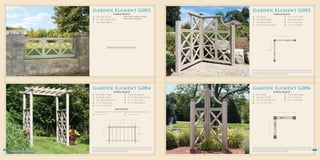 v                                                                                                                                                   v
                                             Garden Element G003                                                                                          Garden Element G005
                                                                                 Yardistry Material                                                                                Yardistry Material
                                              3 - One High X Panel                                  Project G003 requires masonry                          2   - Arch Topper                  *3 - 4” x 4” x 96” Post
                                              2 - 80” Top & Bottom Rail                             anchors sold separately.
                                                                                                                                                           2   - One High X Topper             2 - Panel Clips (pkg 6)
                                              1 - Panel Clips (pkg 6)                                                                                      4   - Two High X Panel              3 - 4” x 4” Post Cap
                                                                                                                                                           2   - 80” Top & Bottom Rail         3 - 4” x 4” Post Base




                                                                                                                                                                                                             3’ 10 1/2”


                                                                                           4’ 11”




                                                                                                                                                                                    3’ 3 1/2”




                                                                                                                                                         *Yardistry material lists assume all projects are surface-mounted with the Yardistry 4” x 4” Post Base
                                                                                                                                                          to an appropriate base foundation. Alternate installation methods may require longer posts.
                                                                                                                                                          Check local building codes prior to any project installation.




 v                                                                                                                                                   v
                                             Garden Element G004                                                                                          Garden Element G006
                                                                      Yardistry Material                                                                                            Yardistry Material
                                             4   - One High X Topper              2 - Panel Clips (pkg 6)                                                 2    - Arch Topper                    2 - Panel Clips (6 pkg)
                                             4   - Two High X Panel               4 - 4” x 4” Post Top Connector                                          2    - Two High X Panel               3 - 4” x 4” Post Cap
                                             2   - 80” Top & Bottom Rail          4 - 4” x 4” Post Base                                                   1    - 80” Top & Bottom Rail          3 - 4” x 4” Post Base
                                             8   - 2” x 4” Beam End               1 - 4’ x 8’ Arbor Roof Kit                                             *3    - 4” x 4” x 96” Post
                                            *4   - 4” x 4” x 96” Post
                                                                                    Roof Material
                                                 To substitute the 4’ x 8’ Arbor Roof Kit, dimensional lumber may be used                                                                                     2’ 3”
                                              3 - 2” x 4” x 10’                                         2 - 2” x 4” x 12’

                                                                                            7’ 1 1/2”

                                                                                            6’ 6 1/2”

                                                                                                                                                                                     1’ 8”




                                                            3’ 3 1/2”                                                   3’ 10 1/2”




                                            *Yardistry material lists assume all projects are surface-mounted with the Yardistry 4” x 4” Post Base       *Yardistry material lists assume all projects are surface-mounted with the Yardistry 4” x 4” Post Base
15                                           to an appropriate base foundation. Alternate installation methods may require longer posts.                  to an appropriate base foundation. Alternate installation methods may require longer posts.             16
     As shown with 4’ x 8’ Arbor Roof Kit    Check local building codes prior to any project installation.                                                Check local building codes prior to any project installation.
 