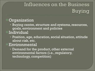 Organization Buying centre, structure and systems, resources, goals, environment and policies Individual Position, age, education, social situation, attitude about risk, etc. Environmental Demand for the product, other external environmental factors (i.e., regulatory, technology, competition) 