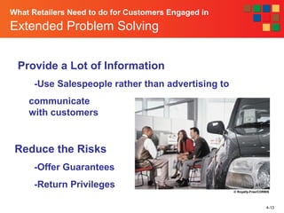 4-13
What Retailers Need to do for Customers Engaged in
Extended Problem Solving
Provide a Lot of Information
-Use Salespeople rather than advertising to
communicate
with customers
Reduce the Risks
-Offer Guarantees
-Return Privileges
© Royalty-Free/CORBIS
 