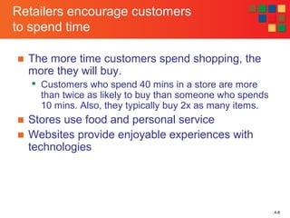 4-8
Retailers encourage customers
to spend time
■ The more time customers spend shopping, the
more they will buy.

Customers who spend 40 mins in a store are more
than twice as likely to buy than someone who spends
10 mins. Also, they typically buy 2x as many items.
■ Stores use food and personal service
■ Websites provide enjoyable experiences with
technologies
 