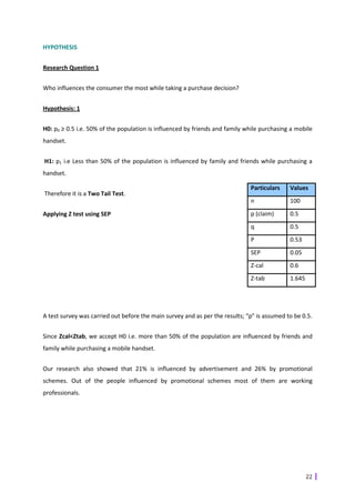 HYPOTHESIS


Research Question 1


Who influences the consumer the most while taking a purchase decision?


Hypothesis: 1


H0: p0 ≥ 0.5 i.e. 50% of the population is influenced by friends and family while purchasing a mobile
handset.


H1: p1 i.e Less than 50% of the population is influenced by family and friends while purchasing a
handset.

                                                                              Particulars    Values
Therefore it is a Two Tail Test.
                                                                              n              100
Applying Z test using SEP                                                     p (claim)      0.5
                                                                              q              0.5
                                                                              P              0.53
                                                                              SEP            0.05
                                                                              Z-cal          0.6
                                                                              Z-tab          1.645




A test survey was carried out before the main survey and as per the results; “p” is assumed to be 0.5.


Since Zcal<Ztab, we accept H0 i.e. more than 50% of the population are influenced by friends and
family while purchasing a mobile handset.


Our research also showed that 21% is influenced by advertisement and 26% by promotional
schemes. Out of the people influenced by promotional schemes most of them are working
professionals.




                                                                                                     22
 