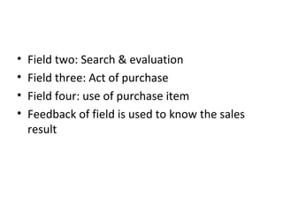 Field two: Search & evaluation Field three: Act of purchase Field four: use of purchase item Feedback of field is used to know the sales result 