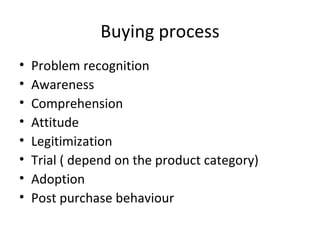 Buying process Problem recognition Awareness Comprehension Attitude Legitimization Trial ( depend on the product category) Adoption Post purchase behaviour 