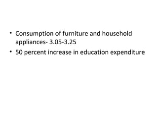<ul><li>Consumption of furniture and household appliances- 3.05-3.25 </li></ul><ul><li>50 percent increase in education ex...