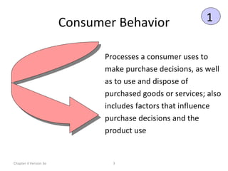 Consumer Behavior Chapter 4 Version 3e Processes a consumer uses to make purchase decisions, as well as to use and dispose...