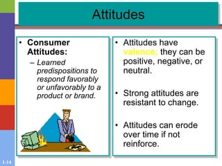1-14
Attitudes
• Consumer
Attitudes:
– Learned
predispositions to
respond favorably
or unfavorably to a
product or brand.
• Attitudes have
valence; they can be
positive, negative, or
neutral.
• Strong attitudes are
resistant to change.
• Attitudes can erode
over time if not
reinforce.
 