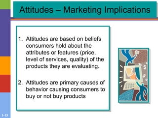 1-15
Attitudes – Marketing Implications
1. Attitudes are based on beliefs
consumers hold about the
attributes or features (price,
level of services, quality) of the
products they are evaluating.
2. Attitudes are primary causes of
behavior causing consumers to
buy or not buy products
 