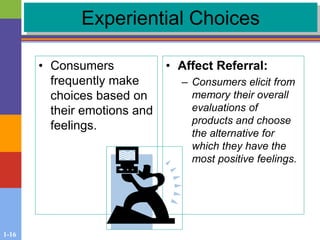 1-16
Experiential Choices
• Consumers
frequently make
choices based on
their emotions and
feelings.
• Affect Referral:
– Consumers elicit from
memory their overall
evaluations of
products and choose
the alternative for
which they have the
most positive feelings.
 