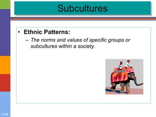 1-24
Subcultures
• Ethnic Patterns:
– The norms and values of specific groups or
subcultures within a society.
 