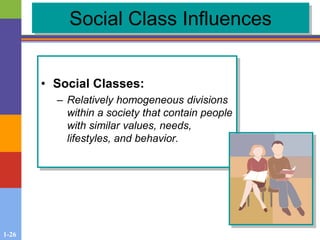 1-26
Social Class Influences
• Social Classes:
– Relatively homogeneous divisions
within a society that contain people
with similar values, needs,
lifestyles, and behavior.
 