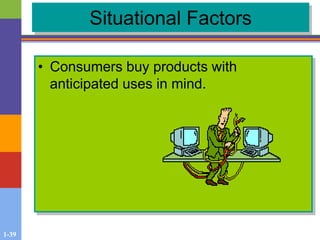 1-39
Situational Factors
• Consumers buy products with
anticipated uses in mind.
 