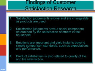 1-43
Findings of Customer
Satisfaction Research
1. Satisfaction judgements evolve and are changeable
as products are used.
2. Satisfaction judgments have a social component
determined by the satisfaction of others in the
household.
3. Emotions are important and yield insights beyond
simple comparison standards, such as expectations
and performance.
4. Product satisfaction is also related to quality of life
and life satisfaction.
 