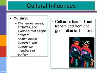 1-19
Cultural Influences
• Culture:
– The values, ideas,
attitudes, and
symbols that people
adopt to
communicate,
interpret, and
interact as
members of
society.
• Culture is learned and
transmitted from one
generation to the next.
 