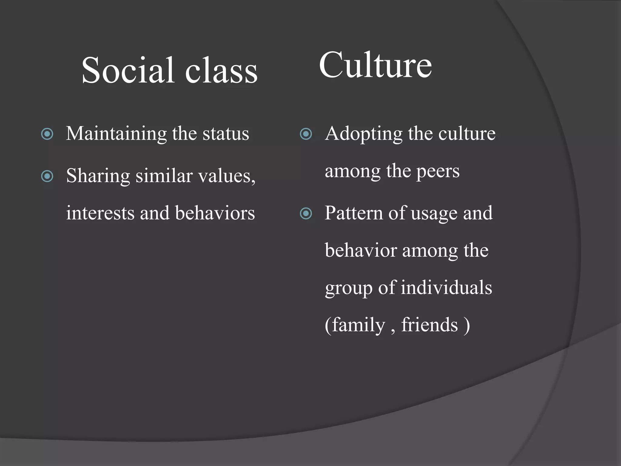 Social class                 Culture
   Maintaining the status       Adopting the culture

   Sharing similar values,       among the peers

    interests and behaviors      Pattern of usage and
                                  behavior among the
                                  group of individuals
                                  (family , friends )
 