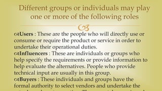 Users : These are the people who will directly use or
consume or require the product or service in order to
undertake their operational duties.
Influencers : These are individuals or groups who
help specify the requirements or provide information to
help evaluate the alternatives. People who provide
technical input are usually in this group.
Buyers : These individuals and groups have the
formal authority to select vendors and undertake the
Different groups or individuals may play
one or more of the following roles
 