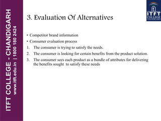 3. Evaluation Of Alternatives
• Competitor brand information
• Consumer evaluation process
1. The consumer is trying to satisfy the needs.
2. The consumer is looking for certain benefits from the product solution.
3. The consumer sees each product as a bundle of attributes for delivering
the benefits sought to satisfy these needs
 