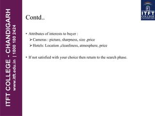 Contd..
• Attributes of interests to buyer :
Cameras : picture, sharpness, size ,price
Hotels: Location ,cleanliness, atmosphere, price
• If not satisfied with your choice then return to the search phase.
 