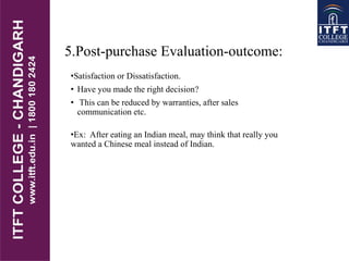 5.Post-purchase Evaluation-outcome:
•Satisfaction or Dissatisfaction.
• Have you made the right decision?
• This can be reduced by warranties, after sales
communication etc.
•Ex: After eating an Indian meal, may think that really you
wanted a Chinese meal instead of Indian.
 
