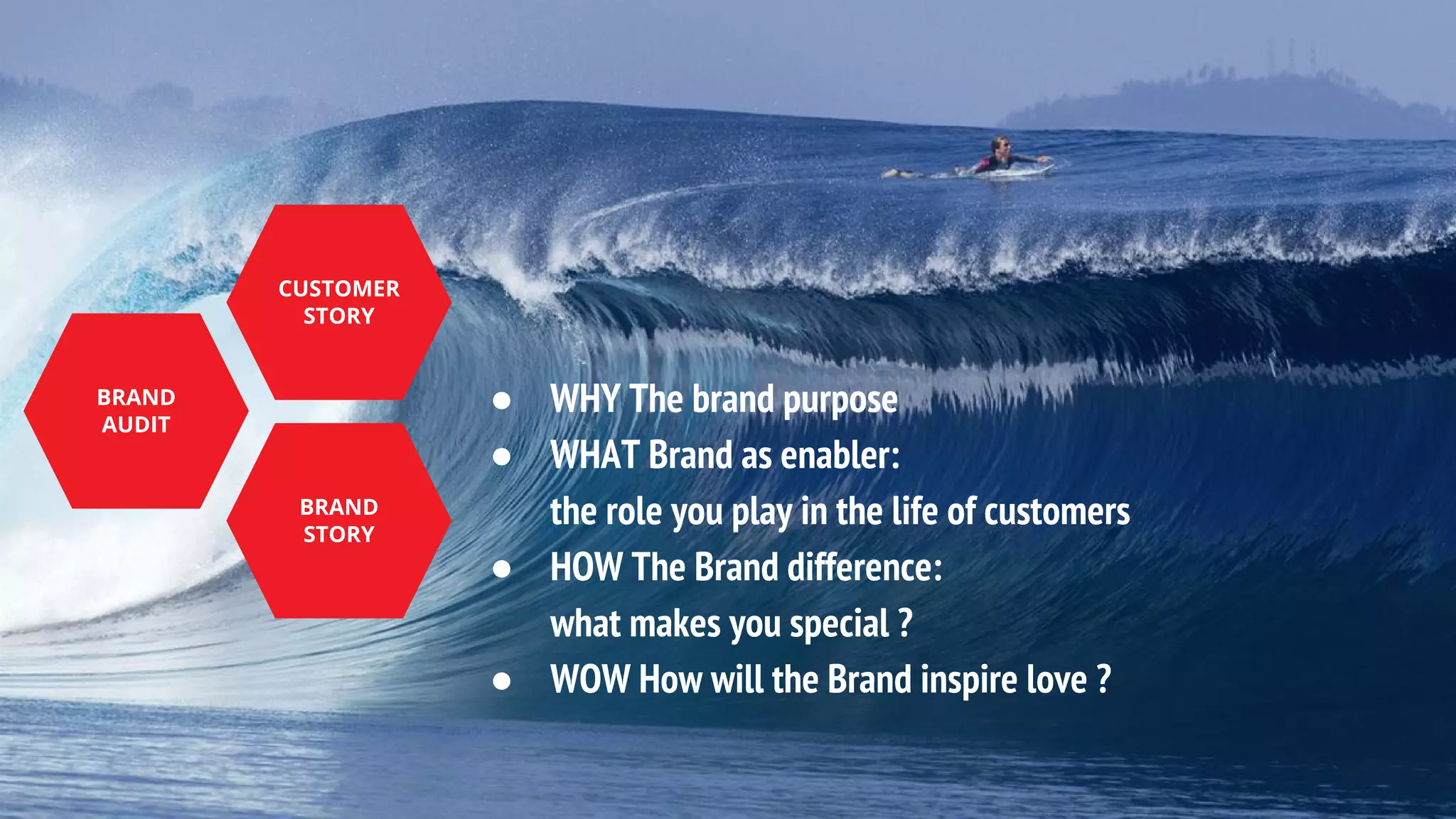 CUSTOMER
STORY
BRAND
AUDIT
BRAND
STORY
● WHY The brand purpose
● WHAT Brand as enabler:
the role you play in the life of customers
● HOW The Brand difference:
what makes you special ?
● WOW How will the Brand inspire love ?
 