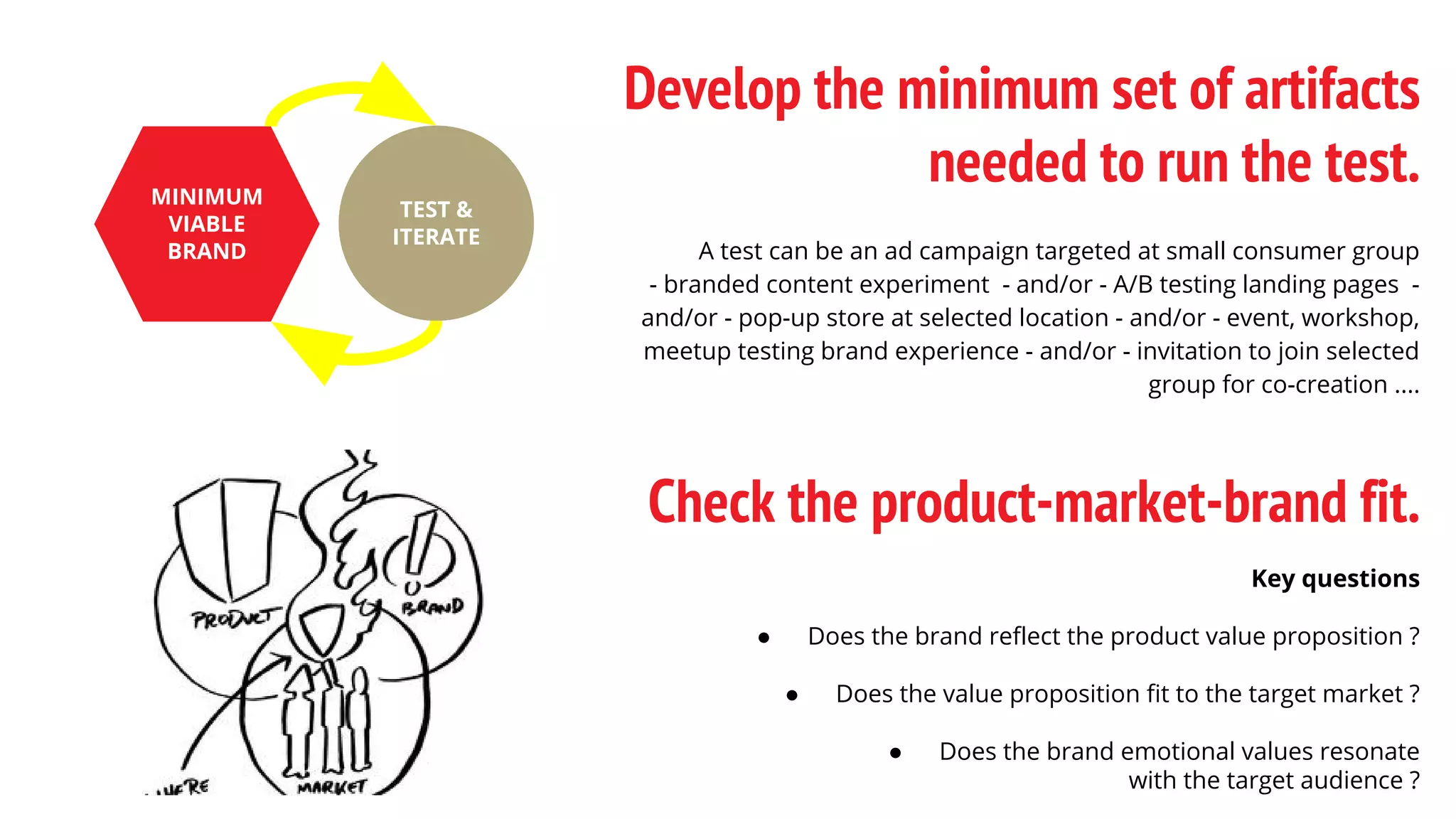 Develop the minimum set of artifacts
needed to run the test.
A test can be an ad campaign targeted at small consumer group
- branded content experiment - and/or - A/B testing landing pages -
and/or - pop-up store at selected location - and/or - event, workshop,
meetup testing brand experience - and/or - invitation to join selected
group for co-creation ....
MINIMUM
VIABLE
BRAND
TEST &
ITERATE
Check the product-market-brand fit.
Key questions
● Does the brand reflect the product value proposition ?
● Does the value proposition fit to the target market ?
● Does the brand emotional values resonate
with the target audience ?
 