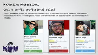  CARREIRA PROFISSIONAL
Qual o perfil profissional deles?
Embora estudantes figurem em grande quantidade em todas as marcas estudadas (um reflexo do perfil da rede),
percebemos uma maior concentração de pessoas com curso superior em redes atacadistas e supermercados mais
elitizados.
www.consumercenteredmonitoring.com
 