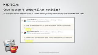  NOTÍCIAS
Onde buscam e compartilham notícias?
Os principais veículos de notícias que os clientes de varejo acompanham e compartilham são Estadão e Veja.
www.consumercenteredmonitoring.com
 