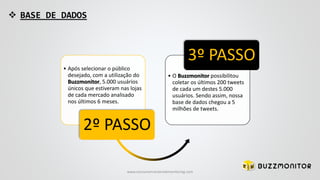  BASE DE DADOS
• Após selecionar o público
desejado, com a utilização do
Buzzmonitor, 5.000 usuários
únicos que estiveram nas lojas
de cada mercado analisado
nos últimos 6 meses.
2º PASSO
• O Buzzmonitor possibilitou
coletar os últimos 200 tweets
de cada um destes 5.000
usuários. Sendo assim, nossa
base de dados chegou a 5
milhões de tweets.
3º PASSO
www.consumercenteredmonitoring.com
 