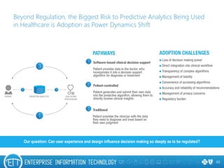 Beyond Regulation, the Biggest Risk to Predictive Analytics Being Used
in Healthcare is Adoption as Power Dynamics Shift
49
Our question: Can user experience and design influence decision making so deeply as to be regulated?
 