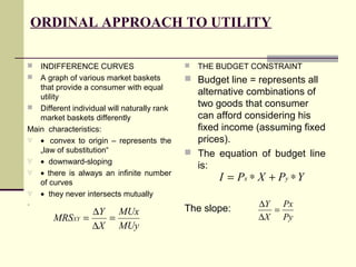 ORDINAL APPROACH TO UTILITY

  INDIFFERENCE CURVES                          THE BUDGET CONSTRAINT
 A graph of various market baskets           Budget line = represents all
   that provide a consumer with equal
   utility
                                               alternative combinations of
 Different individual will naturally rank     two goods that consumer
   market baskets differently                  can afford considering his
Main characteristics:                          fixed income (assuming fixed
∀ • convex to origin – represents the          prices).
   „law of substitution“                      The equation of budget line
∀ • downward-sloping
                                               is:
∀ • there is always an infinite number
   of curves
                                                     I = Px ∗ X + Py ∗ Y
∀ • they never intersects mutually
•                                                            ∆Y Px
                  ∆Y MUx                     The slope:        =
       MRSXY =      =                                        ∆X Py
                  ∆X MUy
 