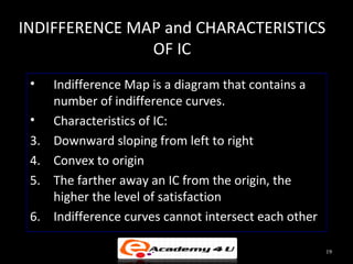 INDIFFERENCE MAP and CHARACTERISTICS
OF IC
• Indifference Map is a diagram that contains a
number of indifference curves.
• Characteristics of IC:
3. Downward sloping from left to right
4. Convex to origin
5. The farther away an IC from the origin, the
higher the level of satisfaction
6. Indifference curves cannot intersect each other
19