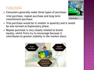    Consumers generally make three types of purchase:
    trial purchase, repeat purchase and long term
    commitment purchase.
   Trial purchase would be in smaller in quantity and it would
    be also termed as Exploratory phase.
   Repeat purchase is very closely related to brand
    loyalty, which firms try to encourage because it
    contributes to greater stability in the market share.
 