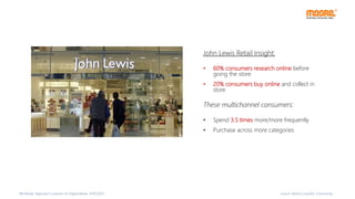 Source: Moore Corp/IDC-Community
John Lewis Retail Insight:
• 60% consumers research online before
going the store
• 20% consumers buy online and collect in
store
These multichannel consumers:
• Spend 3.5 times more/more frequently
• Purchase across more categories
Workshop “Approach Customer on Digital Media, 14/07/2015
 