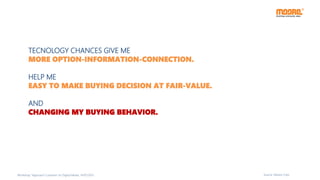 TECNOLOGY CHANCES GIVE ME
MORE OPTION-INFORMATION-CONNECTION.
HELP ME
EASY TO MAKE BUYING DECISION AT FAIR-VALUE.
AND
CHANGING MY BUYING BEHAVIOR.
Source: Moore CorpWorkshop “Approach Customer on Digital Media, 14/07/2015
 