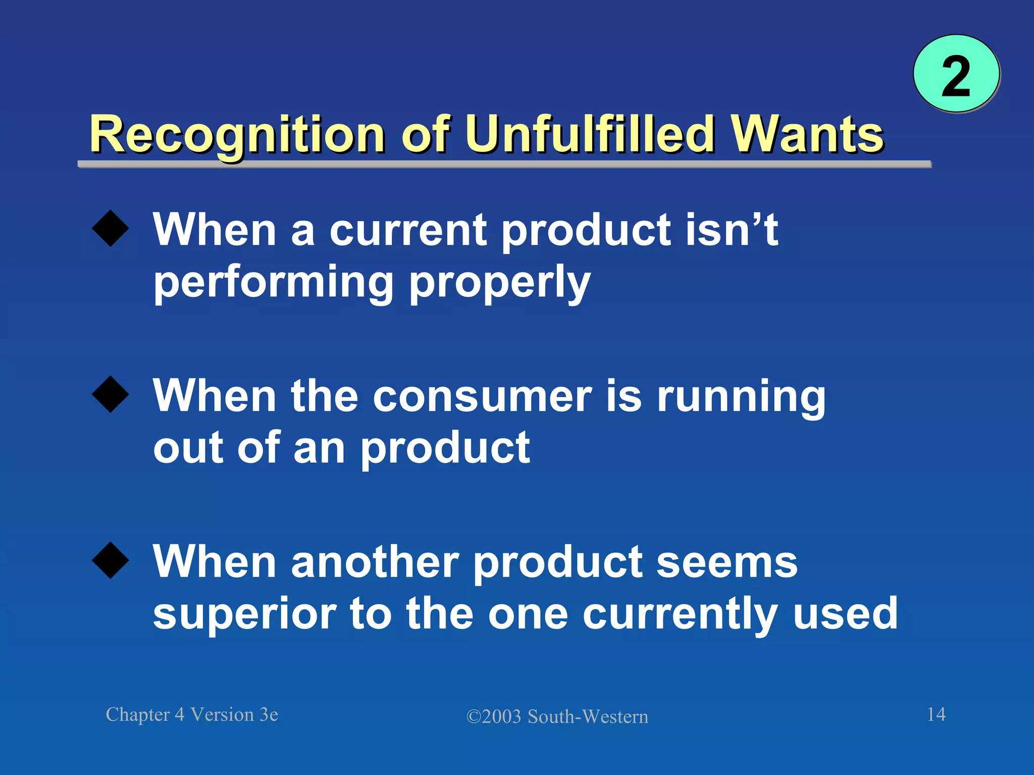 Recognition of Unfulfilled Wants When a current product isn’t performing properly When the consumer is running  out of an product When another product seems superior to the one currently used 2 